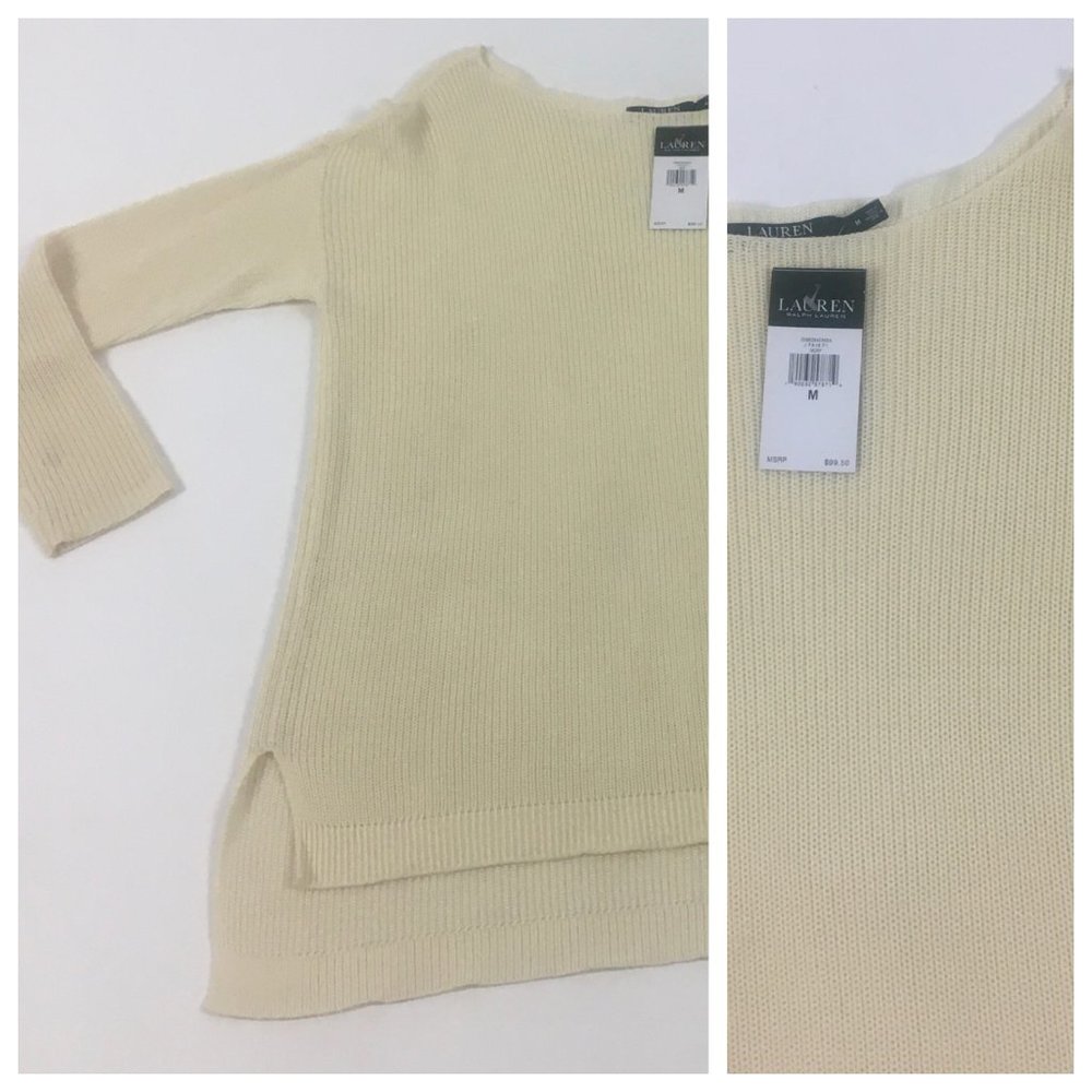 ralph lauren oversized boyfriend knit sweater cream cotton scoop neck slouchy m